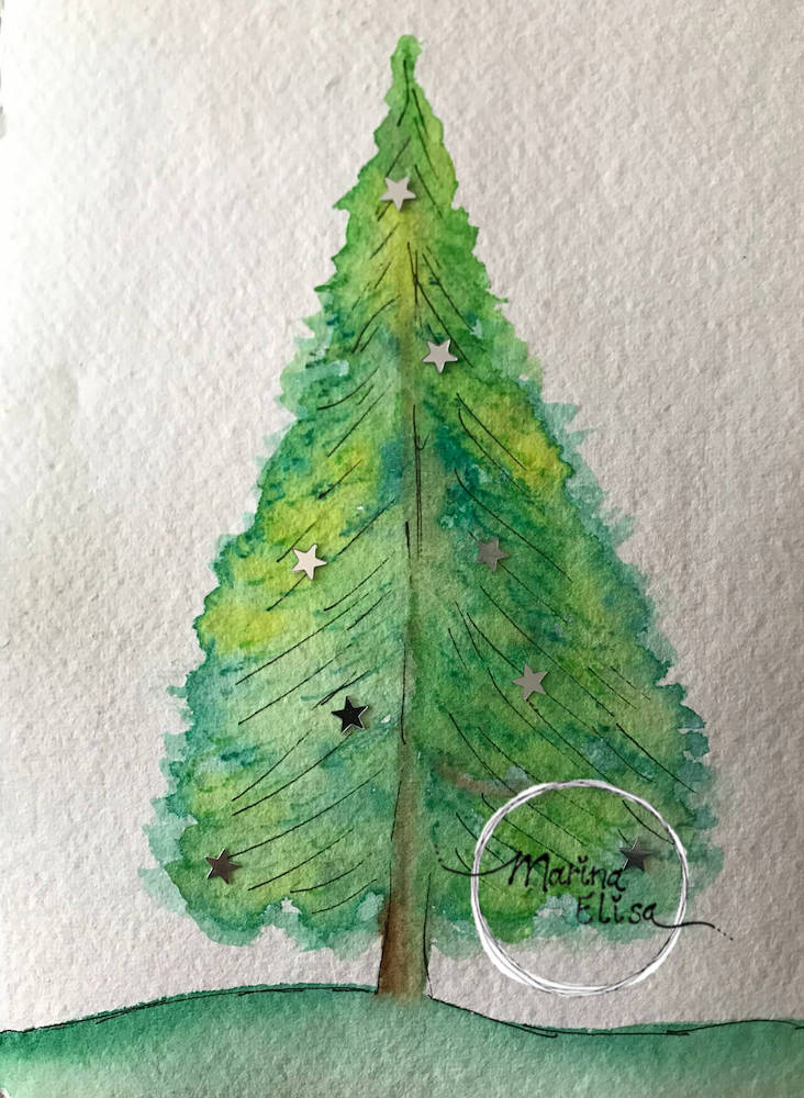 Aquarel | Groene Kerstboom Met Ster