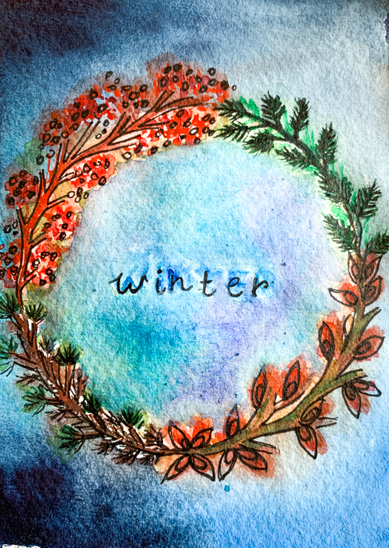 Winter, aquarel, handgemaakte wenskaart, seizoenen, seizoenstafel