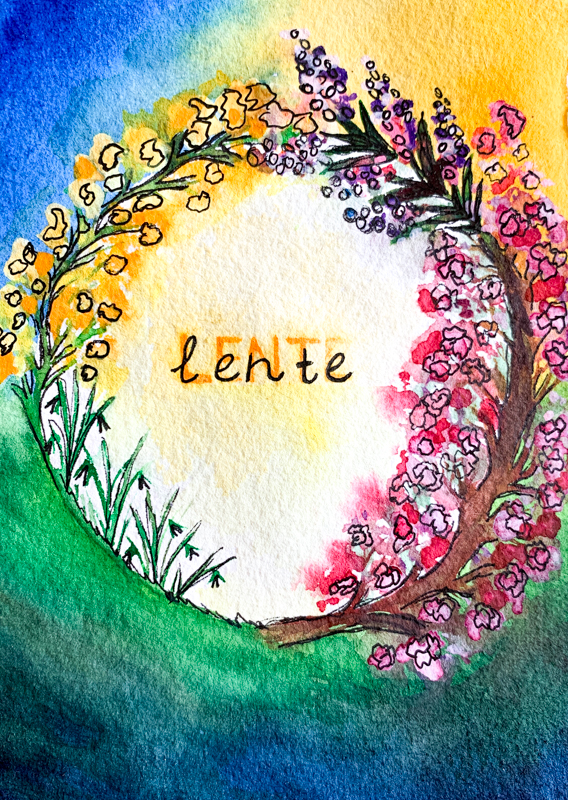 Lente, seizoenstafel, aquarel, handgemaakte wenskaart