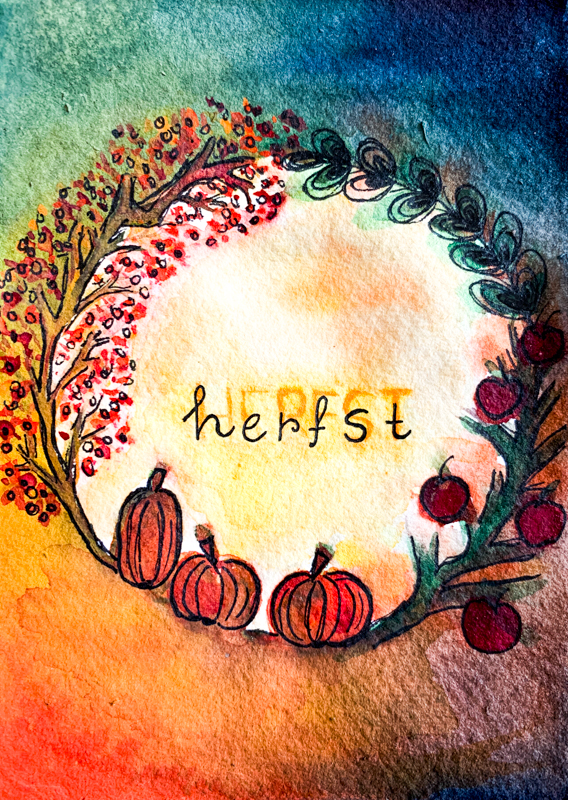 Herfst, handgemaakte wenskaart, seizoenen, seizoenstafel, aquarel