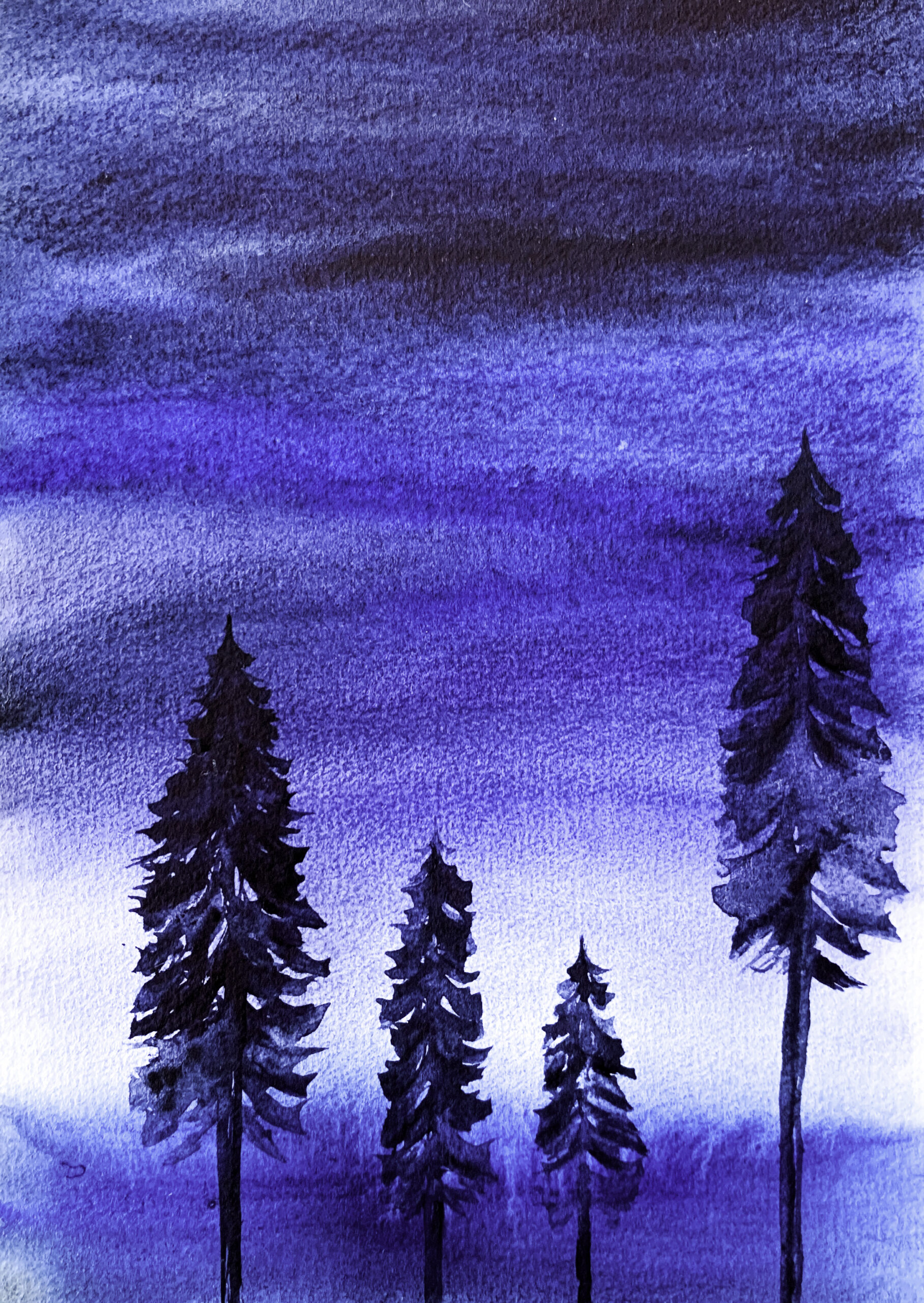 winter, handgemaakt, blauw, aquarel, dennen, bomen