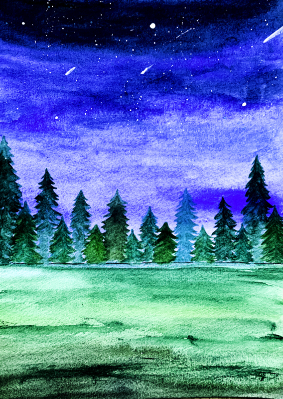 Sterrenhemel, aquarel, bomen, blauw, handgemaakt, wenskaart